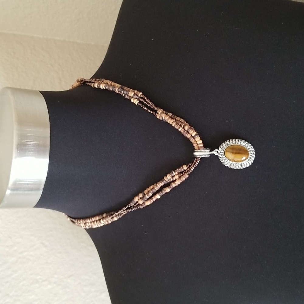 Avon SP Silver Stone Wood Bead Necklace